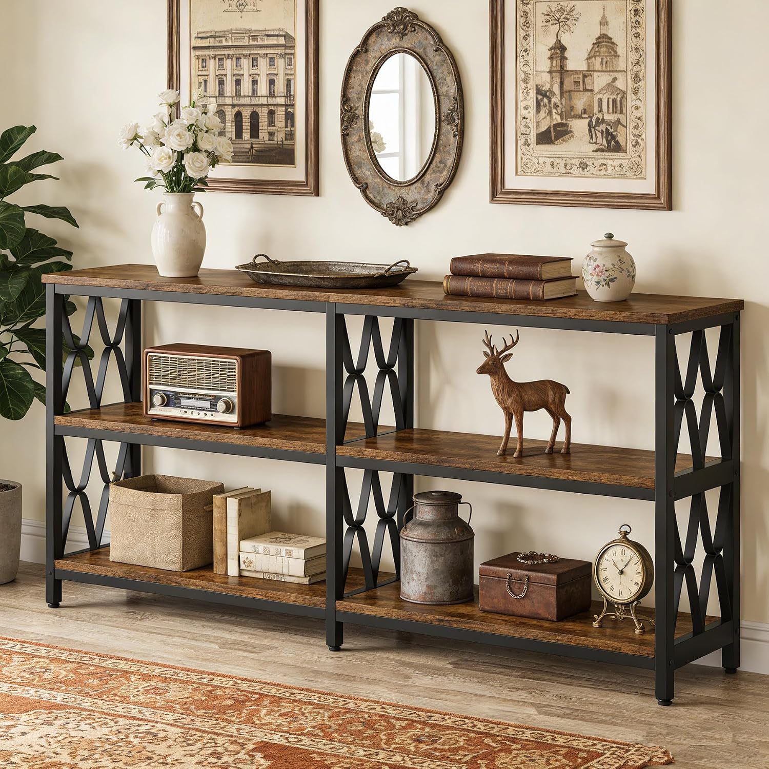Tribesigns 71' Long Sofa Table with Storage Shelves, Industrial 3-Tier Console Table for Living Room, Entryway Table for Hallway, Front Door, Entrance, Foyer, Rustic Brown & Black