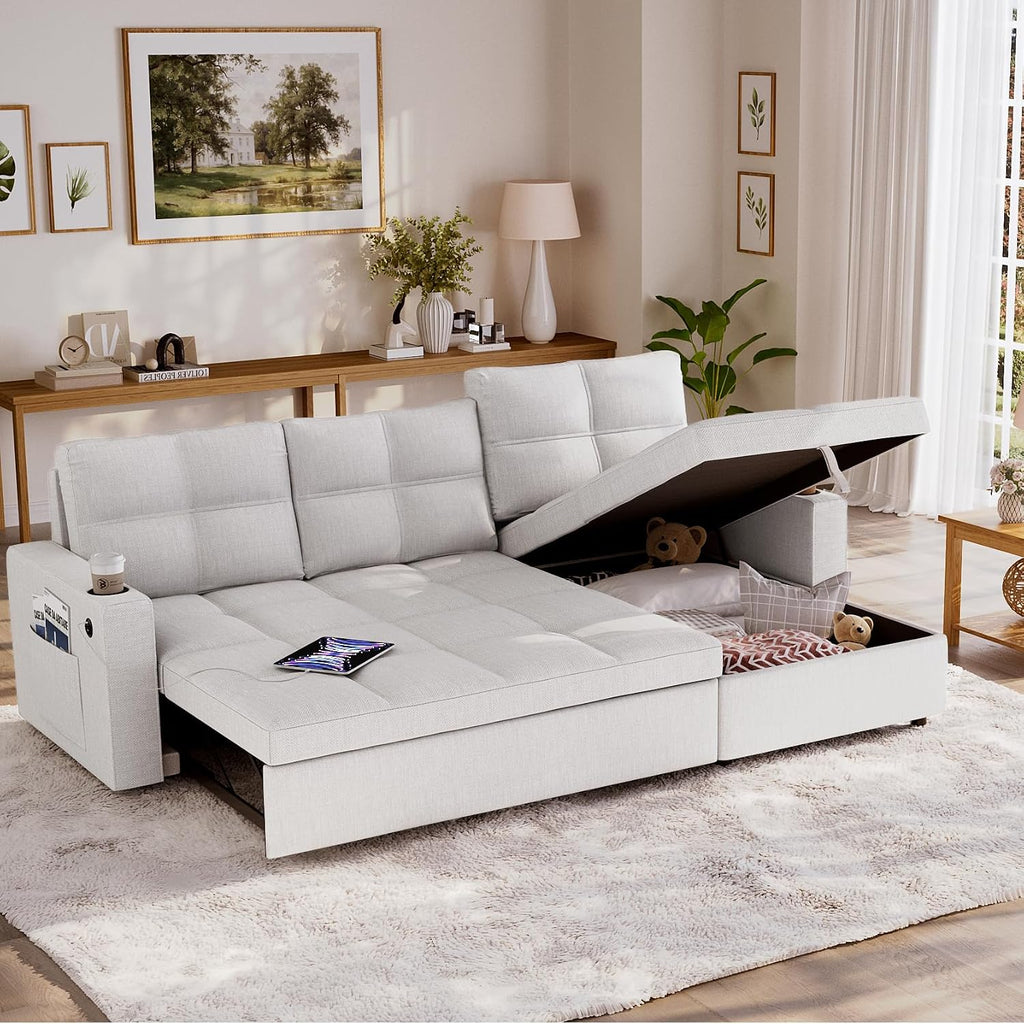 85 Inch Dual-Use Sectional Sleeper Sofa - Pull Out Bed with Storage Chaise, Removable Backrest, USB Ports & Cup Holder for Home Light,Beige