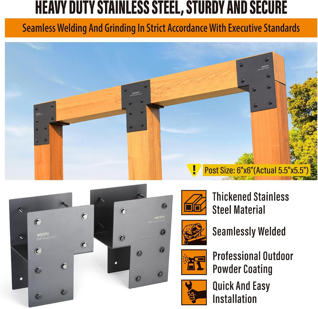 2 Pack Heavy Duty 6x6 (Actual 5.5'x5.5') Stainless Steel End Post Caps Tie Bracket , Fit Connecting Wood Gazebo, Deck Patio Post and Wood Beams Bracket (Dark Ggray)