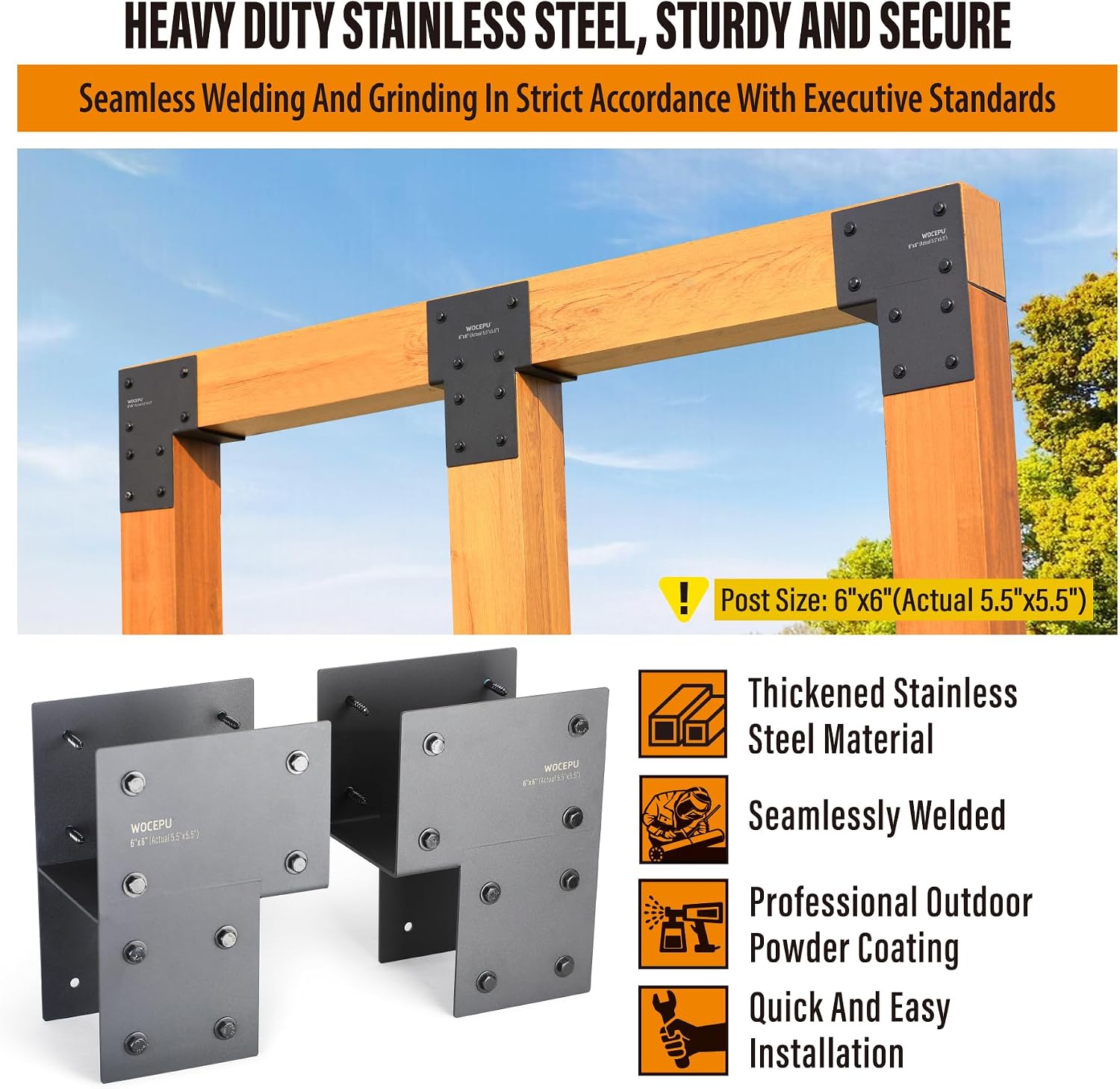 2 Pack Heavy Duty 6x6 (Actual 5.5'x5.5') Stainless Steel End Post Caps Tie Bracket , Fit Connecting Wood Gazebo, Deck Patio Post and Wood Beams Bracket (Dark Ggray)