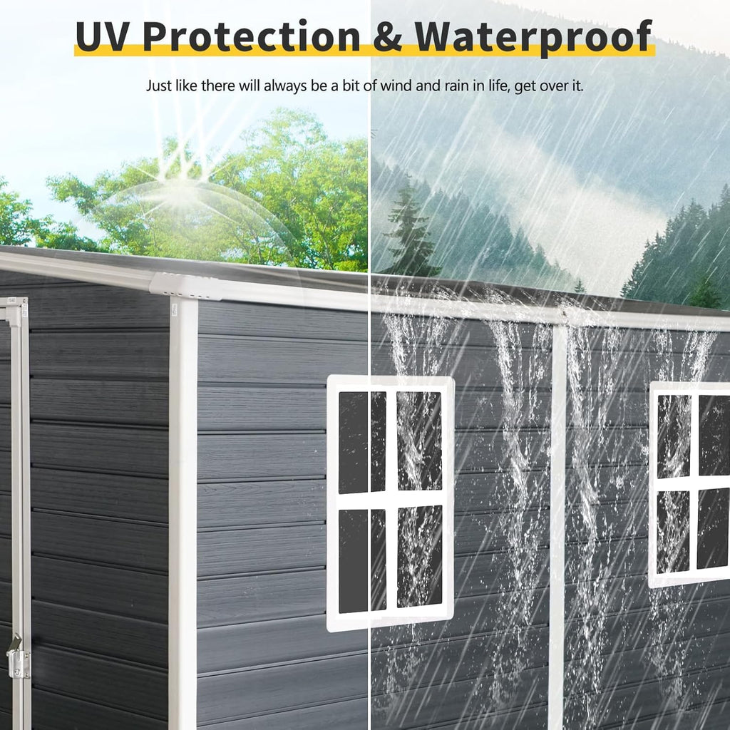 KUIKUI 8x4 FT Shed with Floor Included, Storage Sheds Plastic Sheds, Lean to Shedwith 2 Windows and Lockable Door, Backyard Storage Sheds for Garden Tools, Bike, Black
