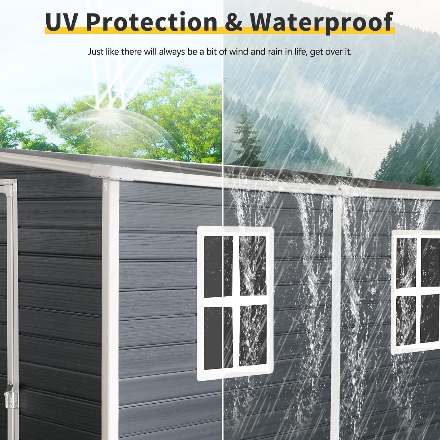 KUIKUI 8x4 FT Shed with Floor Included, Storage Sheds Plastic Sheds, Lean to Shedwith 2 Windows and Lockable Door, Backyard Storage Sheds for Garden Tools, Bike, Black