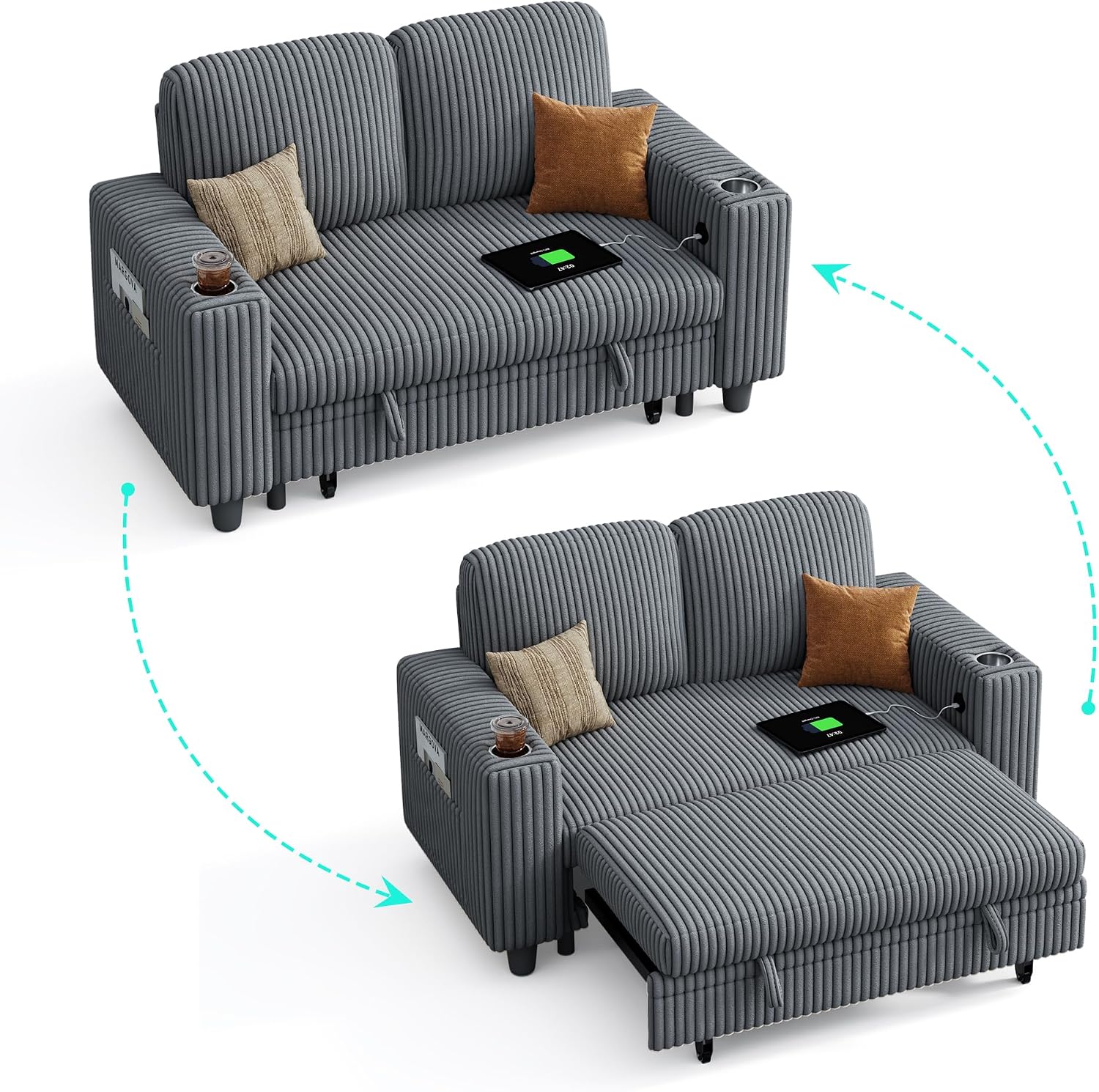 LINSY HOME Pull Out Loveseat Sofa Sectional Sleeper Sofa, Plush Corduroy Love Seat Couch Pullout Modular Sectional Couches for Living Room Apartment Bedroom (Grey)