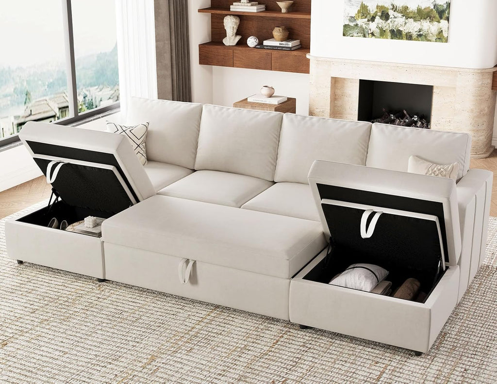 Belffin Modular Sectional Sleeper Sofa Bed with Pull Out Couch, U Shaped Sleeper Pull Out Bed, Convertible Sectional Couches for Living Room, Beige