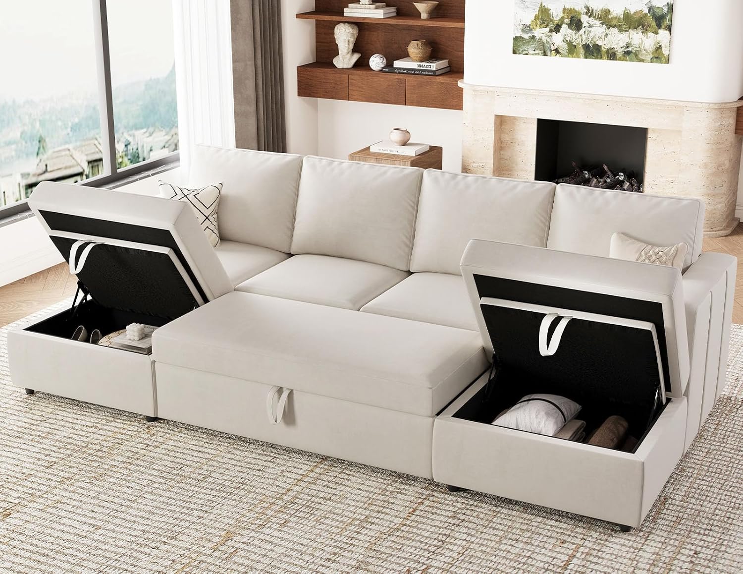 Belffin Modular Sectional Sleeper Sofa Bed with Pull Out Couch, U Shaped Sleeper Pull Out Bed, Convertible Sectional Couches for Living Room, Beige
