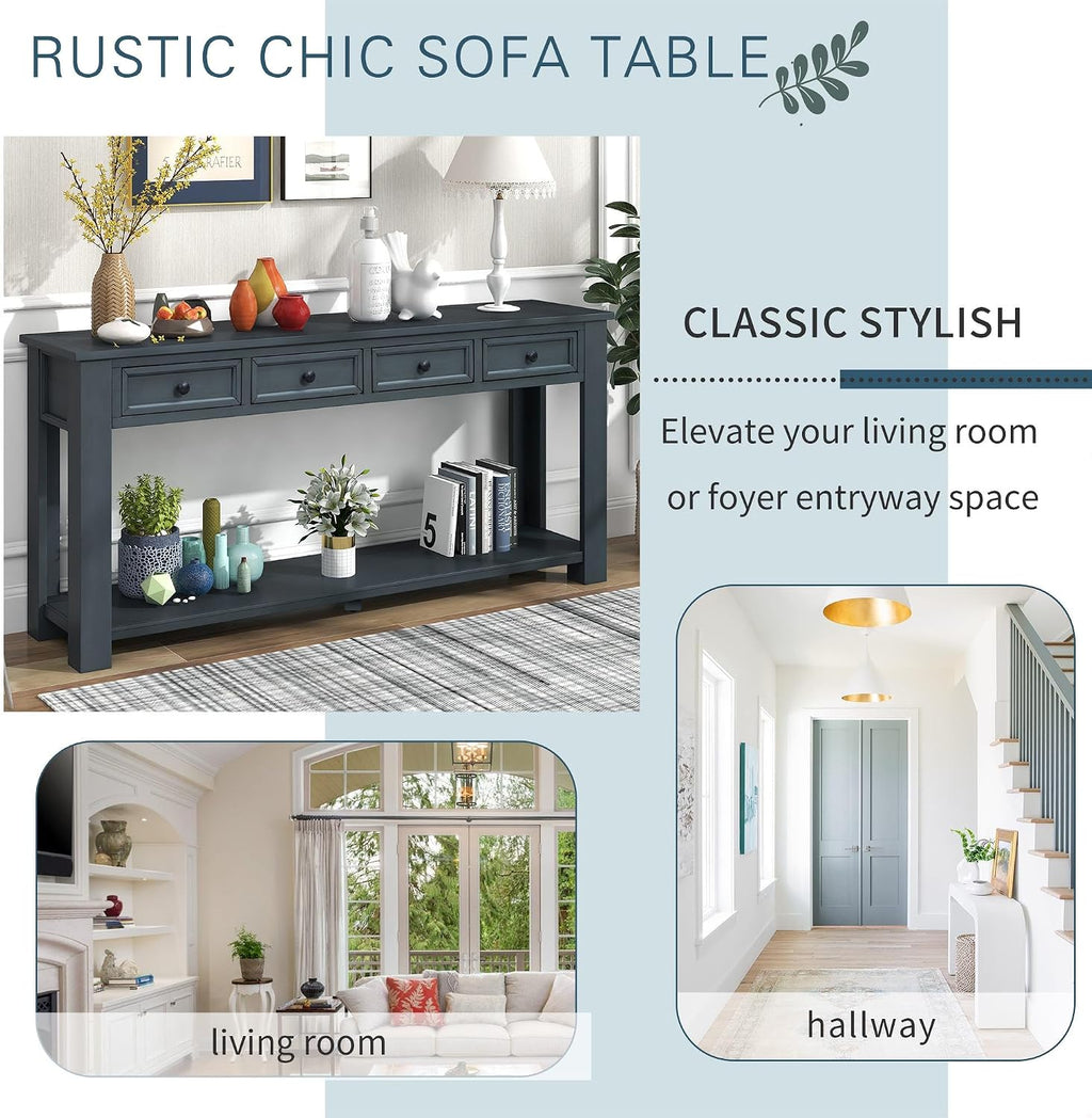 GDFStudio Farmhouse Console Table with 4 Drawer 63' Long Rustic Entryway Table with Open Storage Shelves Vintage Metal Handle Narrow Foyer Sofa Tables for Living Room Entryway Hallway, Navy Blue