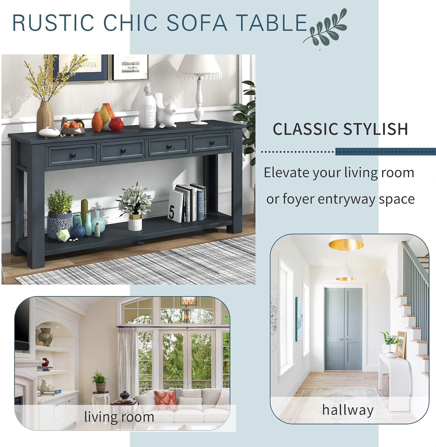 GDFStudio Farmhouse Console Table with 4 Drawer 63' Long Rustic Entryway Table with Open Storage Shelves Vintage Metal Handle Narrow Foyer Sofa Tables for Living Room Entryway Hallway, Navy Blue