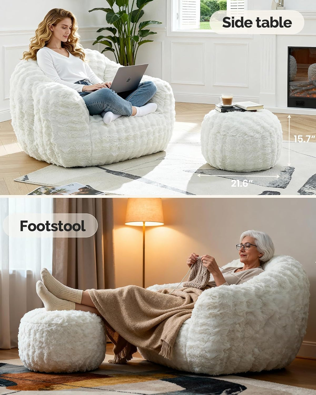 KINGYES Giant Bean Bag Chair, Fluffy Bean Bag Chair with Armrest, Memory Foam Beanbag for Adults, Beige(Pillow not Included)
