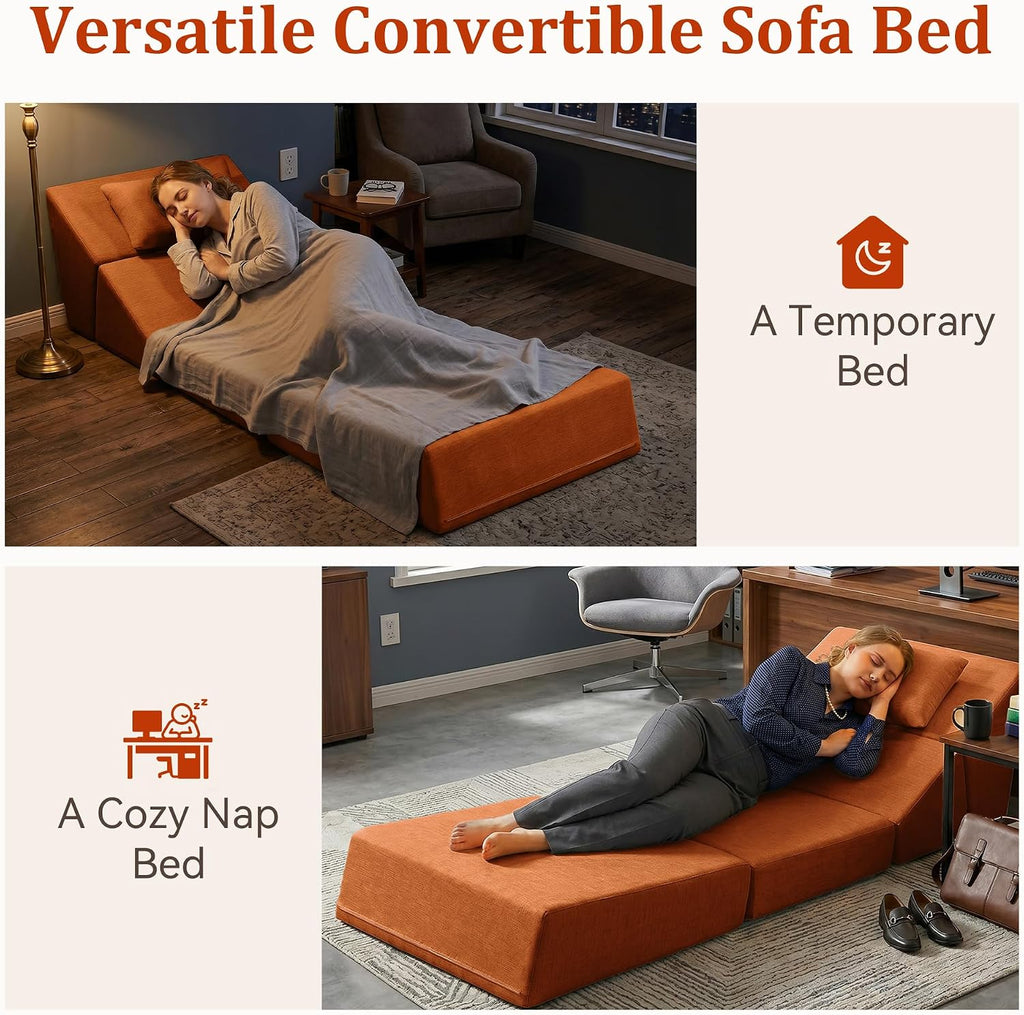 Fold Out Chair Bed, Folding Sofa Bed with High-Density Support Foam, Portable 3 in 1 Convertible Chair Bed Sleeper for Adults, Versatile Floor Couch for Living Room Bedroom, Brown | Washable Cover, With pillow, Foldable Bed Chair