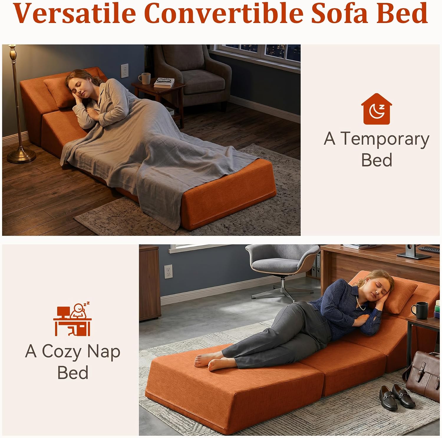 Fold Out Chair Bed, Folding Sofa Bed with High-Density Support Foam, Portable 3 in 1 Convertible Chair Bed Sleeper for Adults, Versatile Floor Couch for Living Room Bedroom, Brown | Washable Cover, With pillow, Foldable Bed Chair