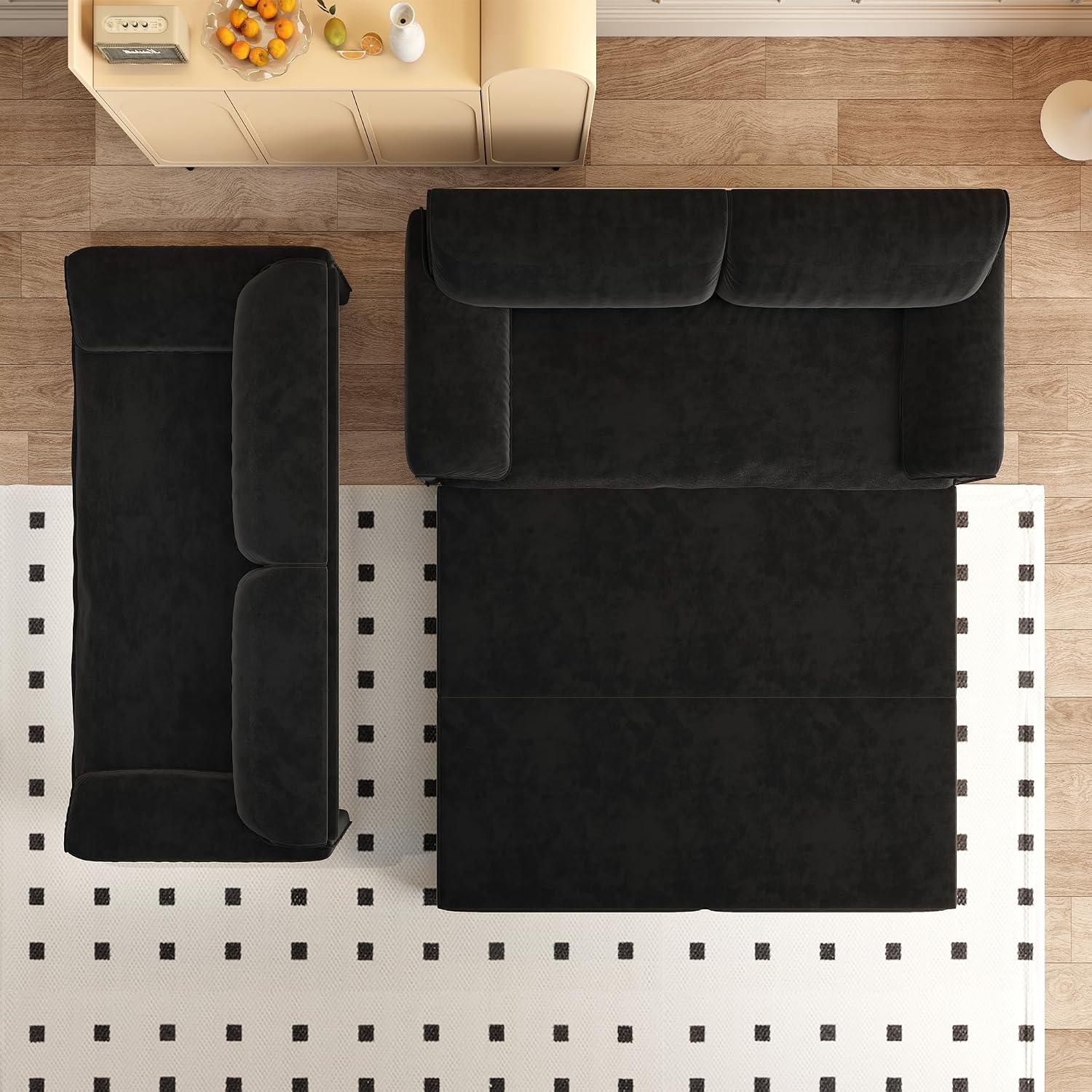 66' Queen Size Pull Out Sofa Bed, 3-in-1 Convertible Sleeper with Side Storage and Wheels, Velvet Loveseat for Living Room, Apartment, Bedroom, Black (Mattress & Bedding Not Included)