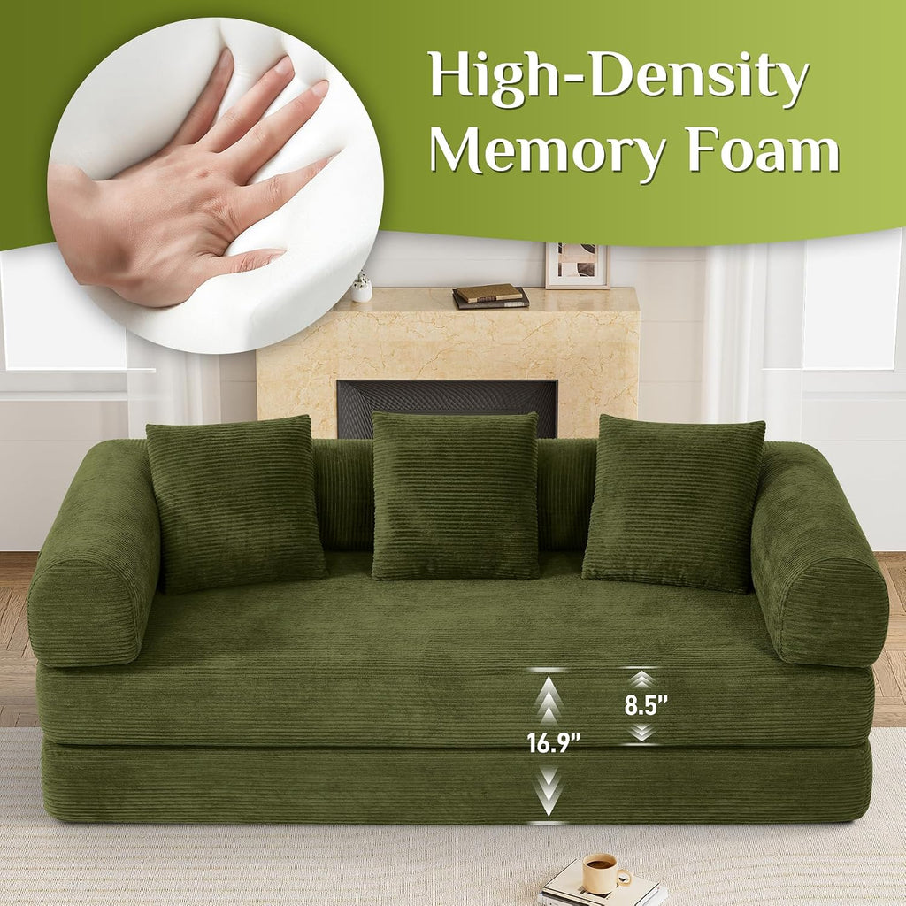 DAMAIFROM Convertible Sleeper Sofa Bed with Cylindrical Pillow,Corduroy Folding Mattress Couch with Fixed-Shape Frame,Modular Floor Sofa Lounge Couch for Living Room Bedroom Lounge,80',Olive Green