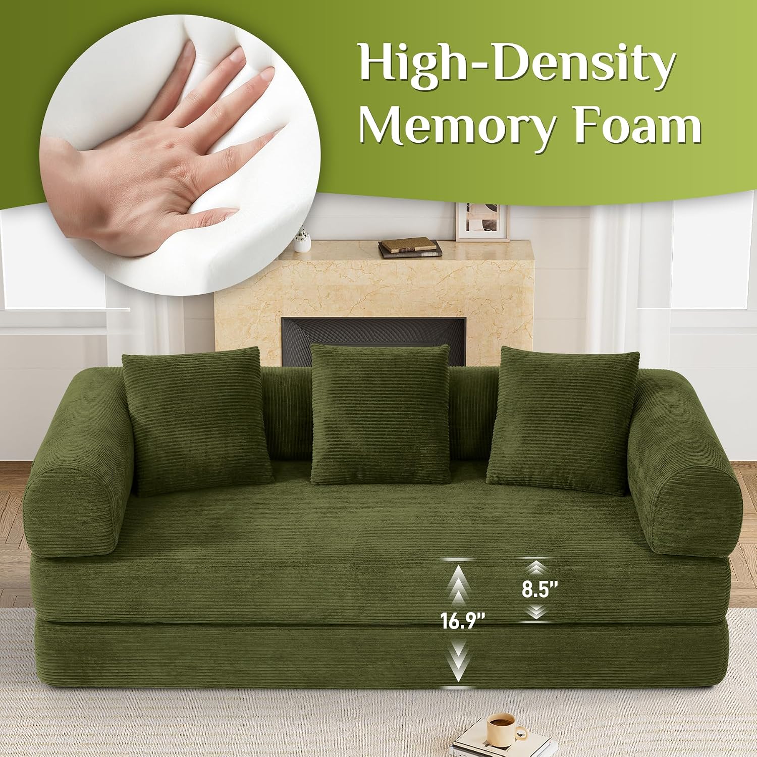 DAMAIFROM Convertible Sleeper Sofa Bed with Cylindrical Pillow,Corduroy Folding Mattress Couch with Fixed-Shape Frame,Modular Floor Sofa Lounge Couch for Living Room Bedroom Lounge,80',Olive Green