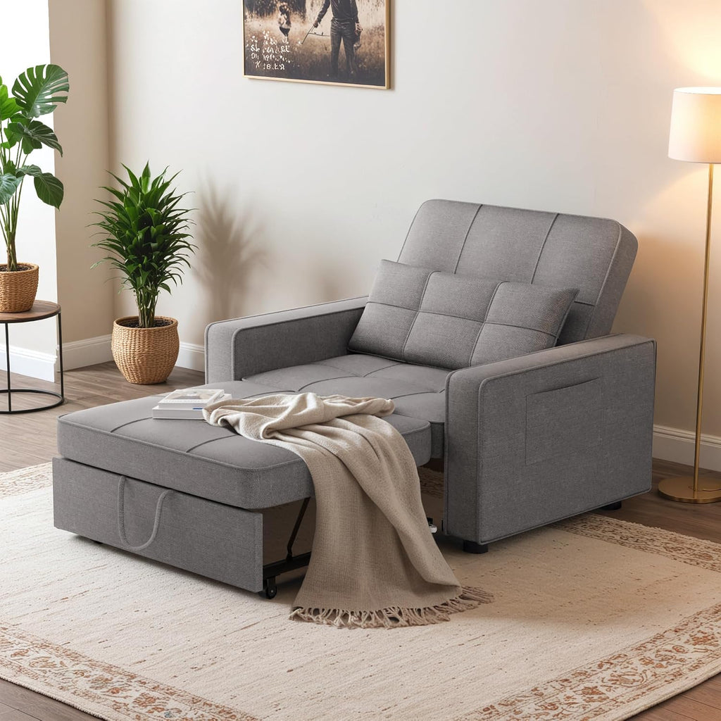 Flamaker Sofa Bed, Sleeper Sofa 3-in-1, Adjustable Couch Bed with Modern Linen Fabric, Convertible Sleeper Chair, Couches for Living Room, Apartment and Small Space (Bright Gray)
