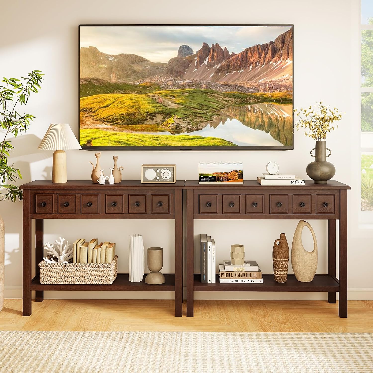 Giantex 2-Tier Narrow Console Table, 38' Retro Entryway Table with 2 Drawers and Open Storage Shelf, Wood Accent Sofa Tables for Living Room, Foyer, Hallway, Bedroom, Entrance