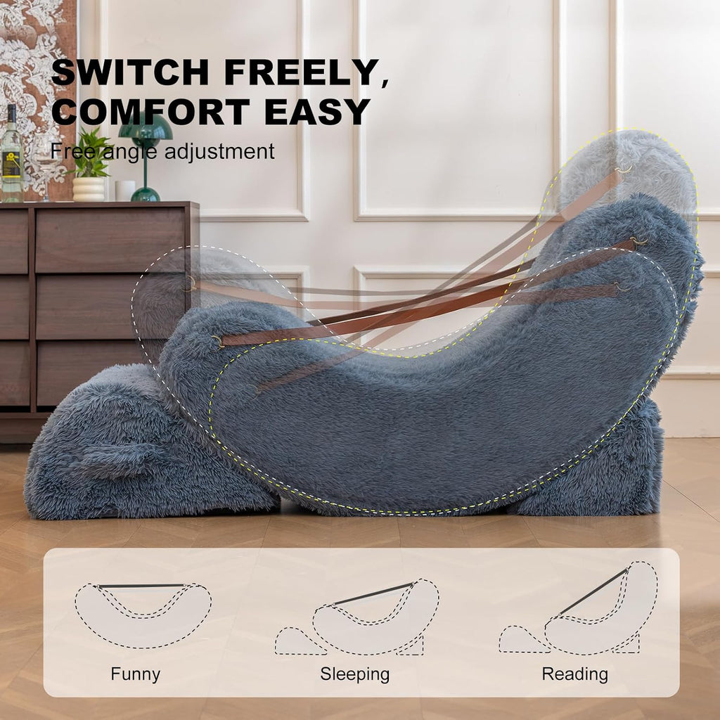 3-in-1 Adjustable Zero Gravity Floor Chair, Oversized Faux Fur Boneless Chair for Adults with Memory Foam & Washable Cover, Silent Rocker Recliner Lounge Chair for Reading, Nursing, Gaming, Bluegray