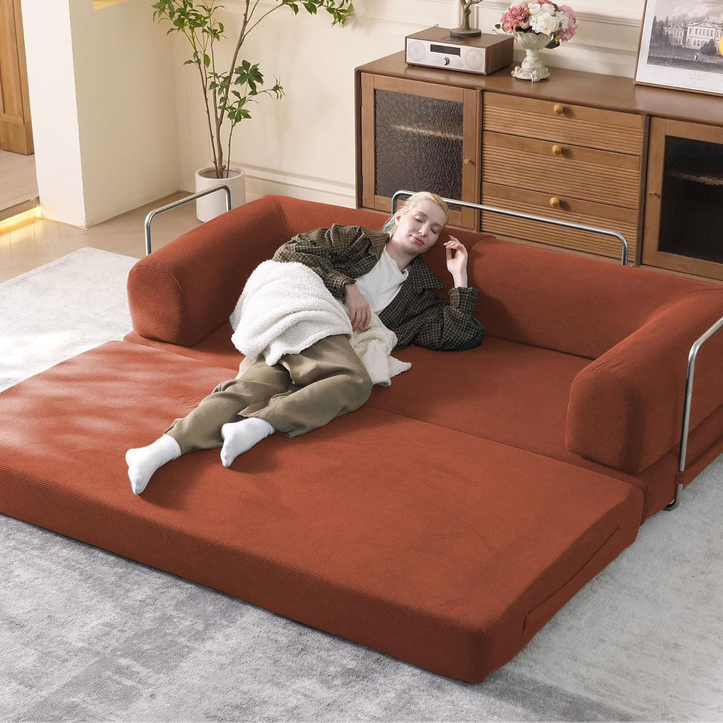 WHGBJA 79' Convertible Sleeper Sofa Bed with Cylindrical Pillow, Corduroy Folding Mattress Couch with Fixed-Shape Frame, Floor Sofa Lounge Couch for Living Room Bedroom Lounge Studio