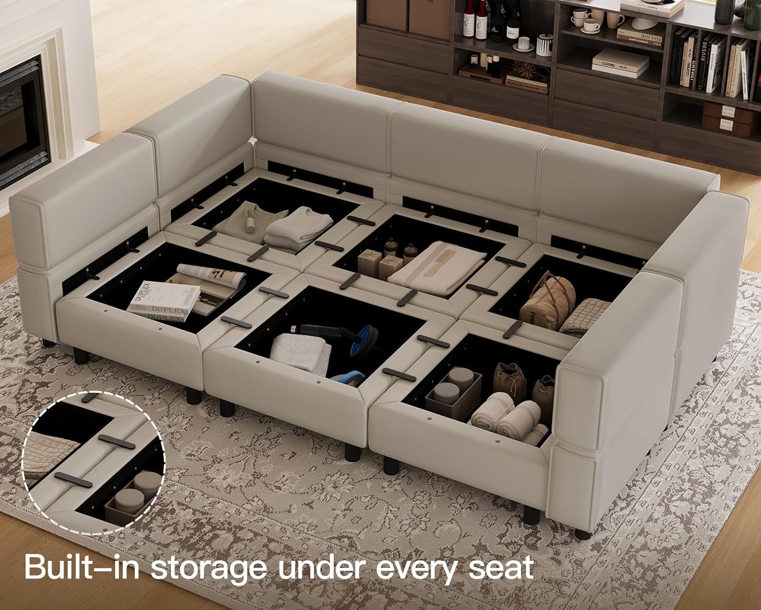 Belffin 88.6' Modular Sectional Sofa,Couch with Deep Seat,Convertible 6 Seat Sleeper Sofa Couch with Movable Storage Ottoman Chaise,Comfy Upholstered Sectional Couches for Living Room,Grey Velvet