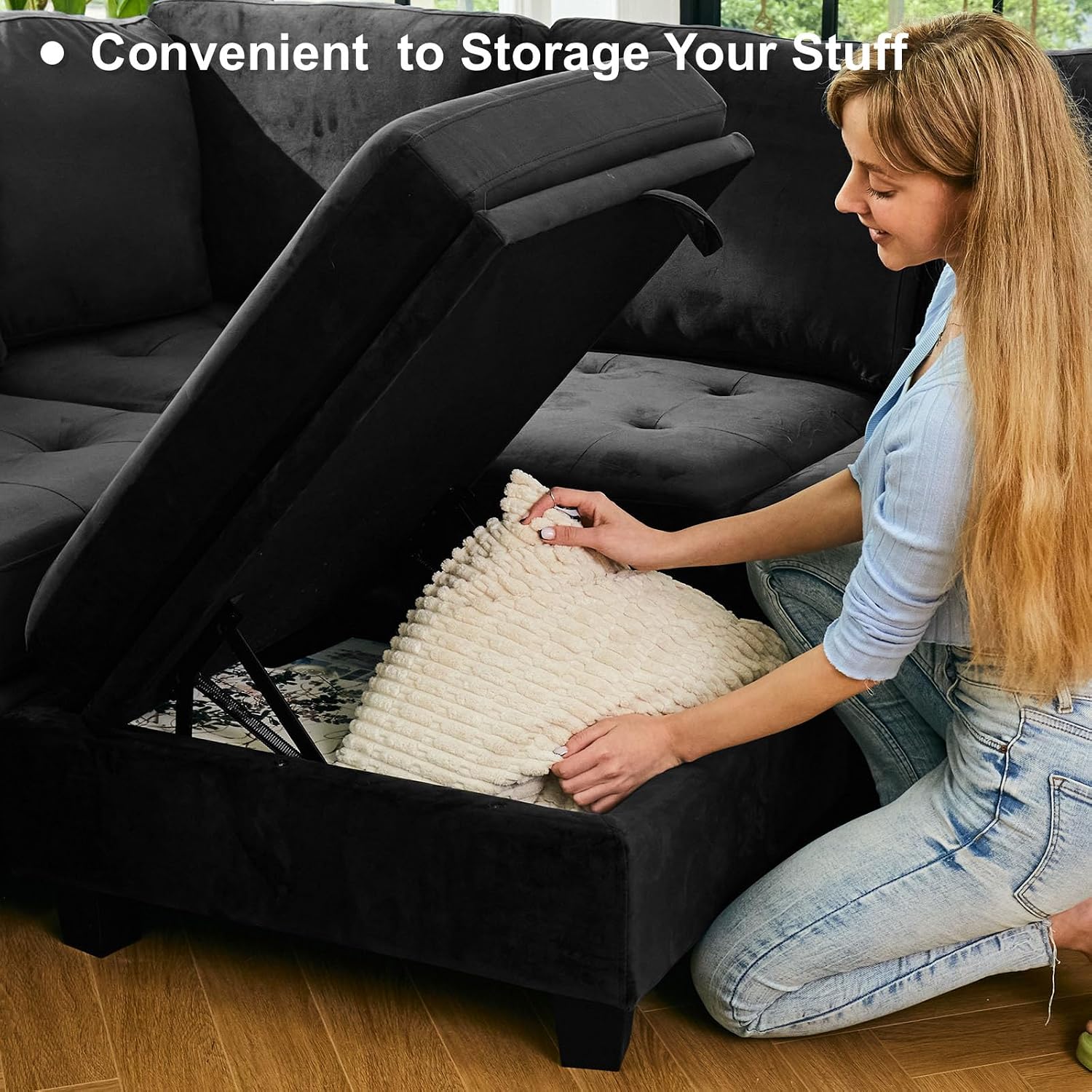 Belffin Sectional Sleeper Sofa with Pull Out Couch Bed Modular Sectional Sofa with Storage Velvet L Shaped Couch Sleeper Bed Black