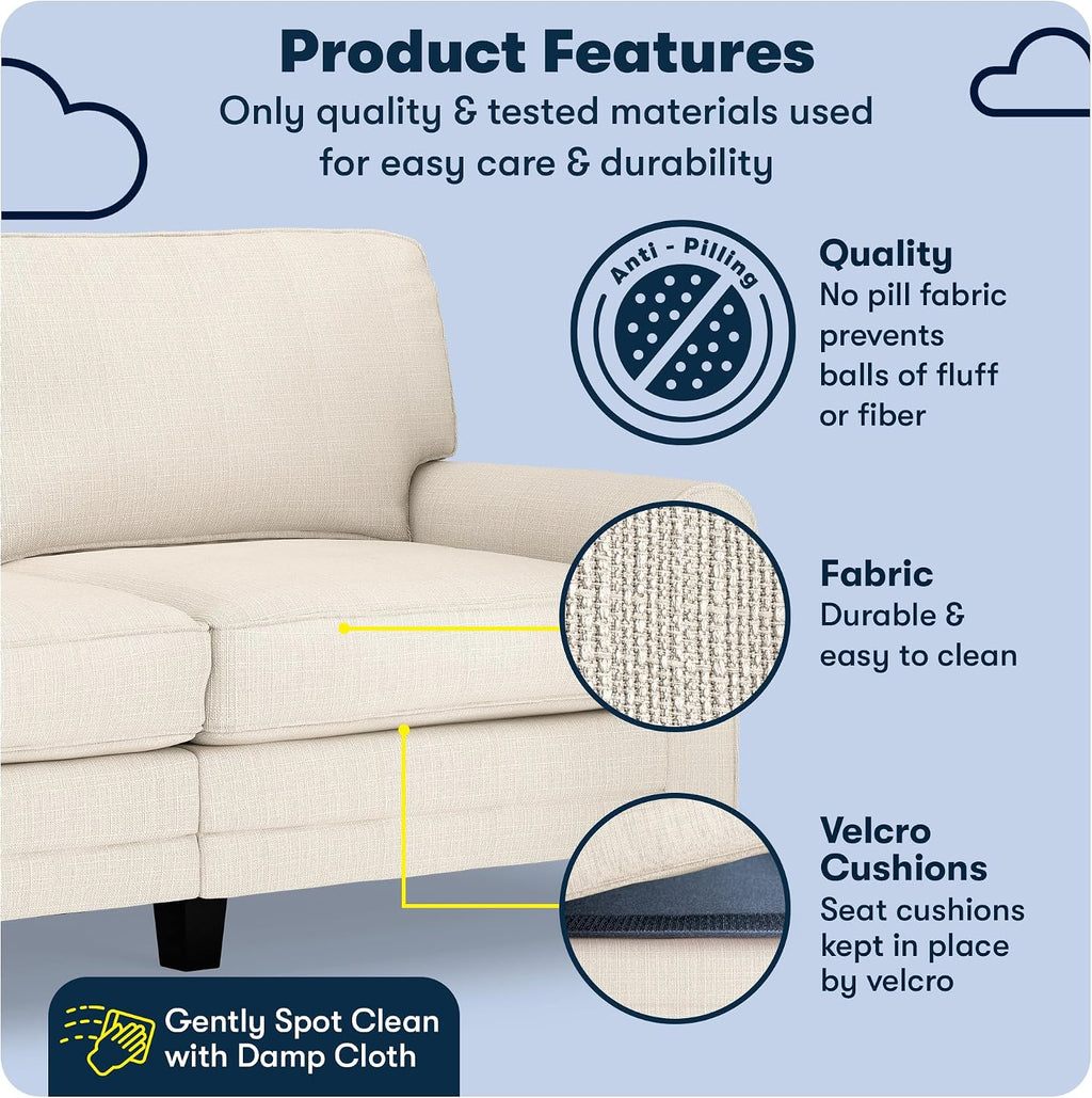 Serta Copenhagen 73' Rolled Arm Sofa, Easy Care Polyester, Soft Pillow Back, Pocket Coil Seat Cushions, Removable Covers, Loveseat or Couch for Small Spaces, Living Rooms or Bedrooms, Buckwheat Beige