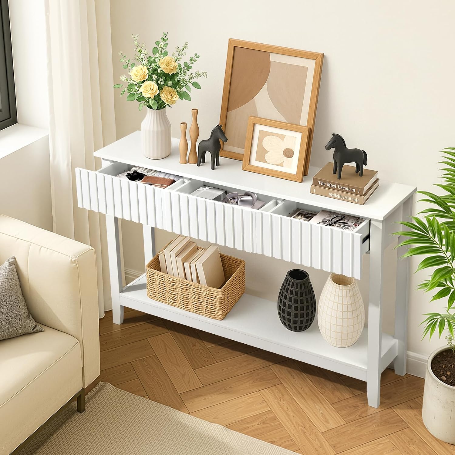 Karl home 51' White Console Table with 3 Fluted Drawers, Modern Sofa Table with Open Storage Shelf for Living Room, Foyer Hallway