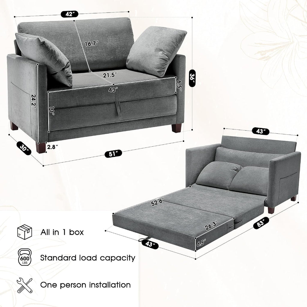Myroyalsit 51' Convertible Sofa Bed, 2 in1 Folding Sofa Bed, Loveseat Sleeper Sofa for Small Spaces, Fold Out Floor Couch with 2 Pillows for Apartment, Living Room & Guest Room, Grey Chenille Fabric