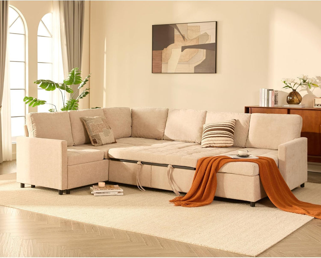 GOSUHI 107' Sleeper Sofa, Set of Modular Pieces with Pull Out Bed, U Shaped Sectional Couch with Storage, Extra Wide&Deep Seat Couches for Living Room, Removable Sofa Cover, Chenille-Flat White