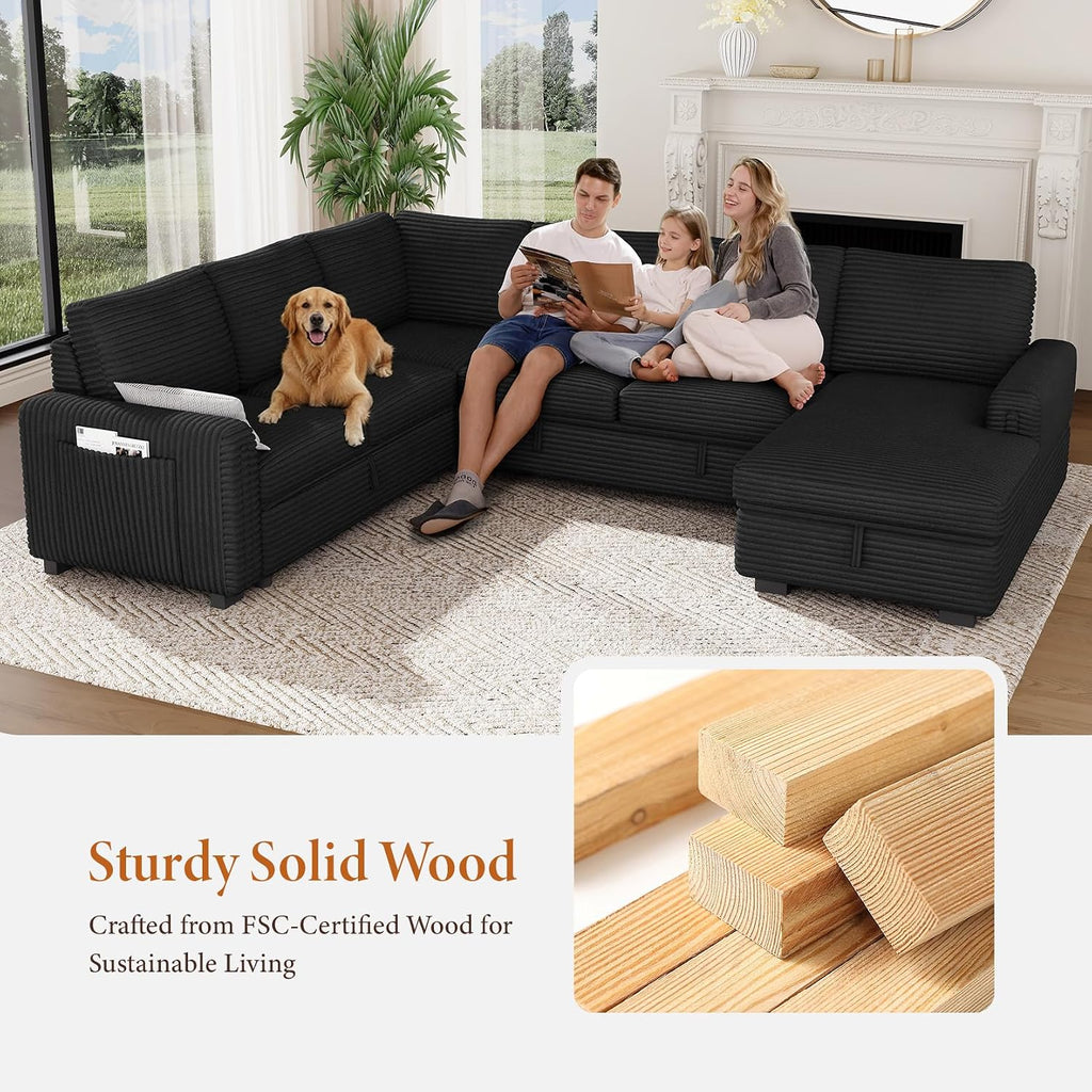Vesgantti 113.6' Modular Sectional Sofa with Pull Out Couch Bed, 7 Seater U Shaped Sleeper Sofa with Storage Chaise, Corduroy Sectional Couch for Living Room, Bedroom, Apartment, Black