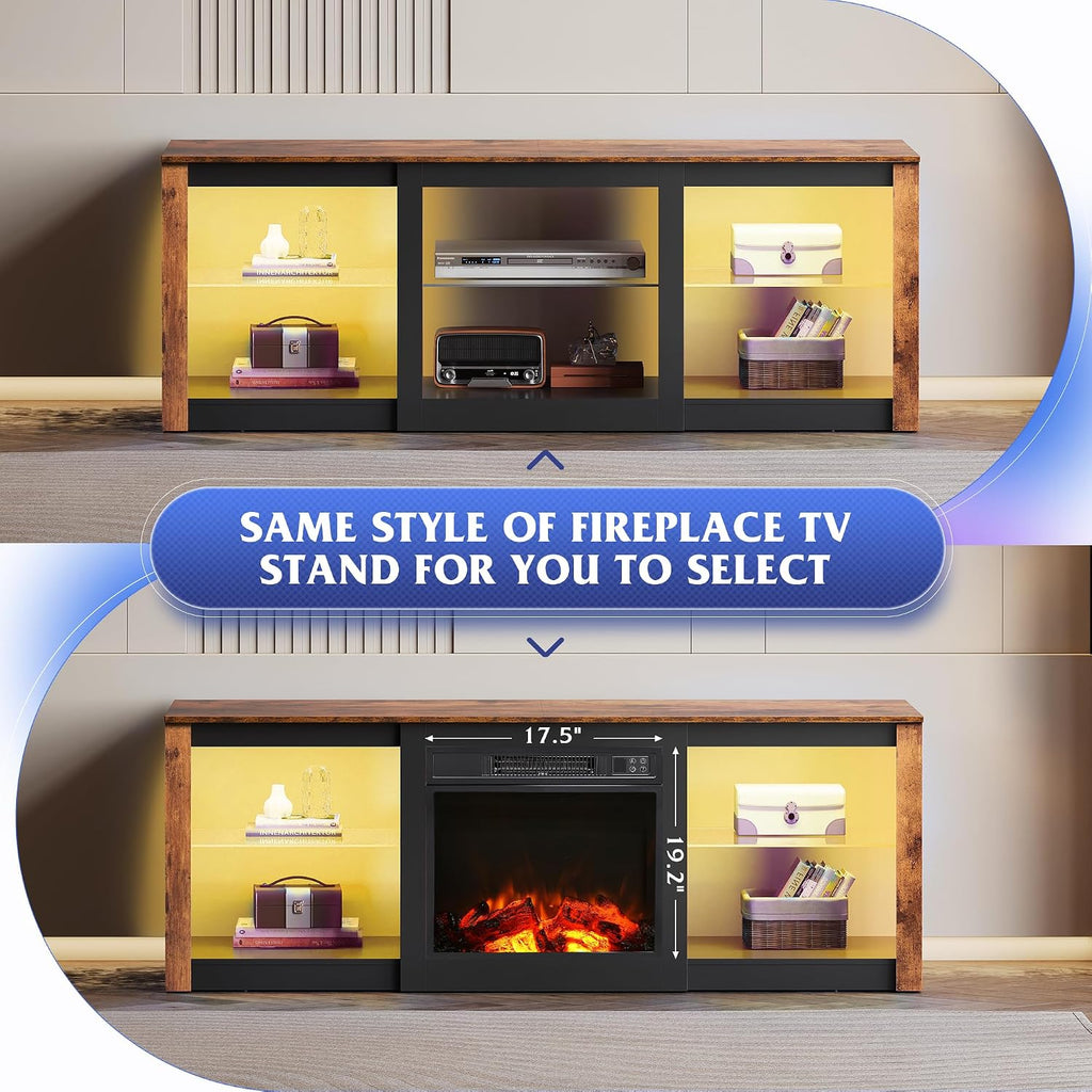 WLIVE 58 Inches Fireplace TV Stand with LED Lights, Modern Entertainment Center with 18'' Electric Fireplace & Adjustable Glass Shelves, Sturdy Media Console for Living Room, Bedroom (Brown)