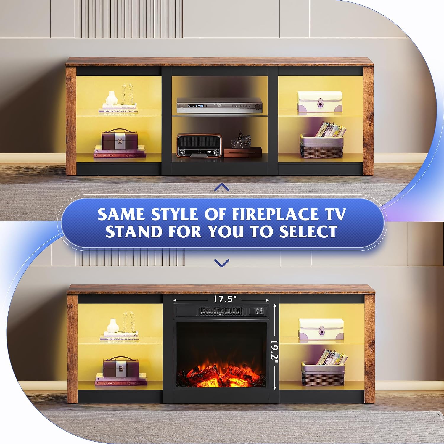 WLIVE 58 Inches Fireplace TV Stand with LED Lights, Modern Entertainment Center with 18'' Electric Fireplace & Adjustable Glass Shelves, Sturdy Media Console for Living Room, Bedroom (Brown)