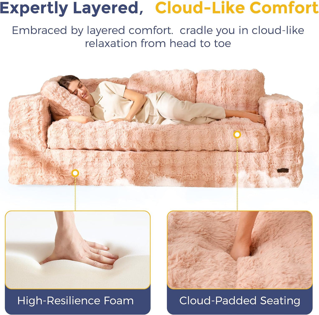 MAXYOYO 3 Seater Sofa for Living Room, Tufted Boneless Couch Bubbled Sofa Couch, Comfy Bean Bag Chair for Bedroom Apartment, No Assembly Needed, Pink