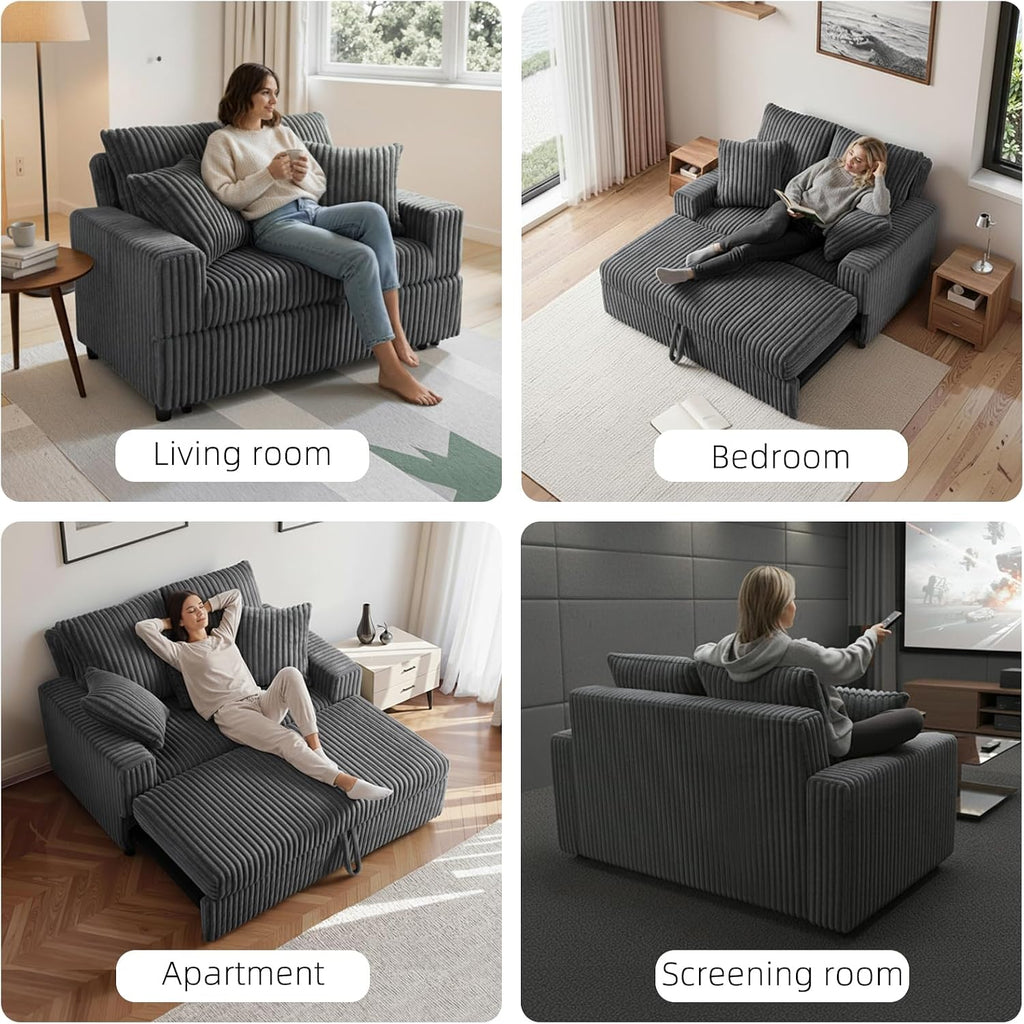 3 in 1 Convertible Sofa Bed，52.8' Pull Out Couch with Side Pockets，Modern Corduroy Fabric Loveseat Sleeper Sofa with Adjustable Backrest for Living Room Bedroom Apartment (Gray Corduroy)