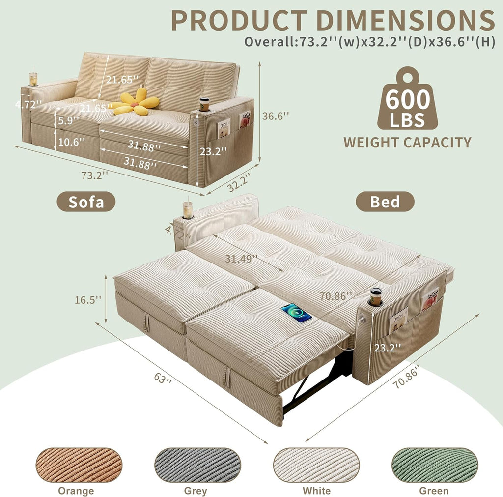73' Queen Size Sofa Bed, Loveseat Sleeper Sofa with Pull Out Bed, Pockets and USB, Modern 2 Seater Convertible Small Couch for Living Room Bedroom Apartment (Beige, Corduroy)