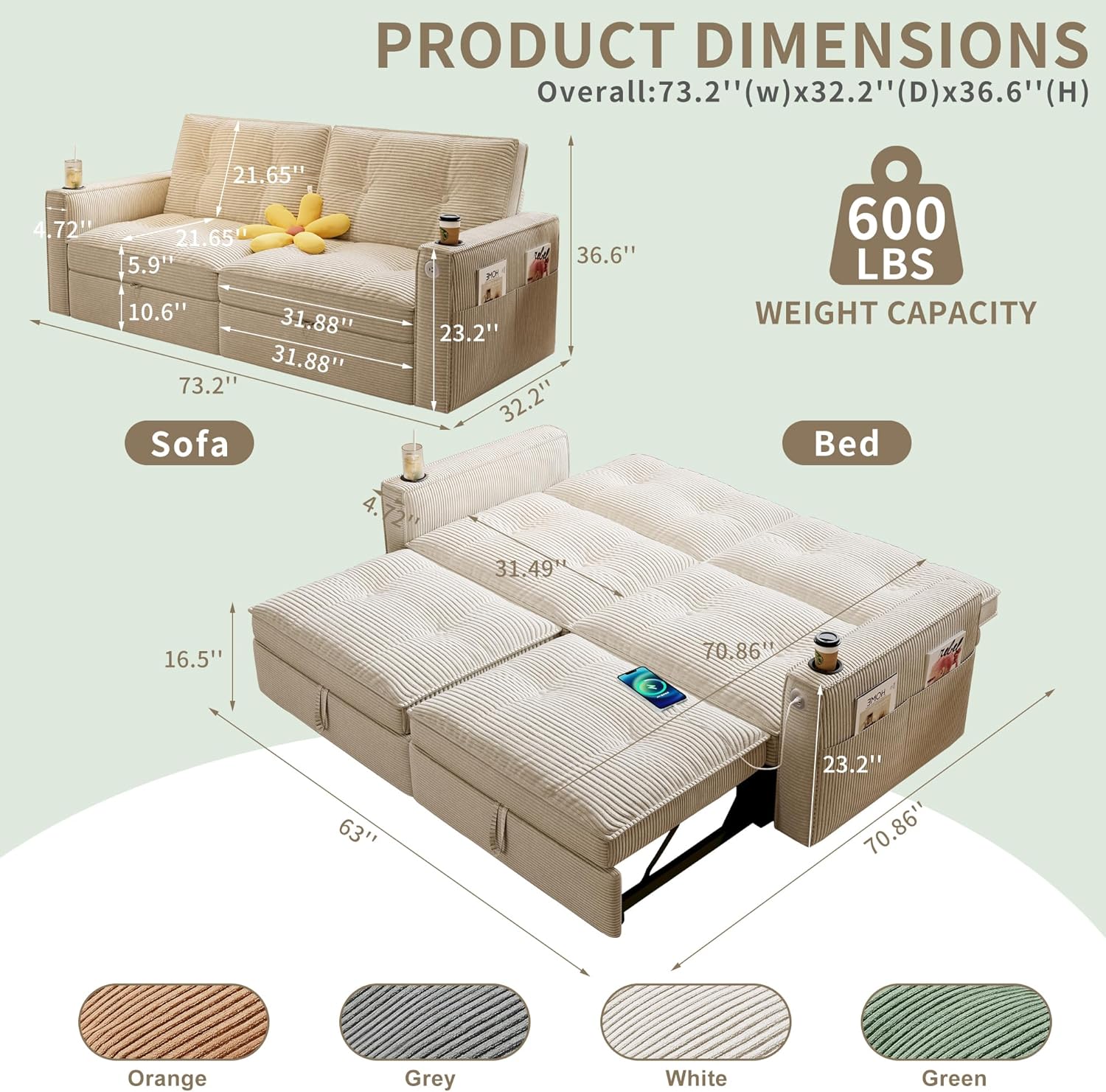 73' Queen Size Sofa Bed, Loveseat Sleeper Sofa with Pull Out Bed, Pockets and USB, Modern 2 Seater Convertible Small Couch for Living Room Bedroom Apartment (Beige, Corduroy)