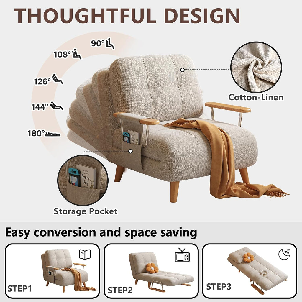 Convertible Lounger Fold-Out Sofa Bed, 3-in-1 Sleeper Sofa，Adjustable Backrest, Modern-Style Sofa for Small Spaces, Bedrooms & Offices(Beige,28.35)
