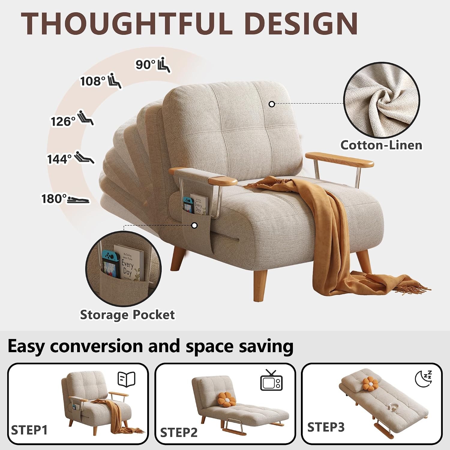 Convertible Lounger Fold-Out Sofa Bed, 3-in-1 Sleeper Sofa，Adjustable Backrest, Modern-Style Sofa for Small Spaces, Bedrooms & Offices(Beige,28.35)