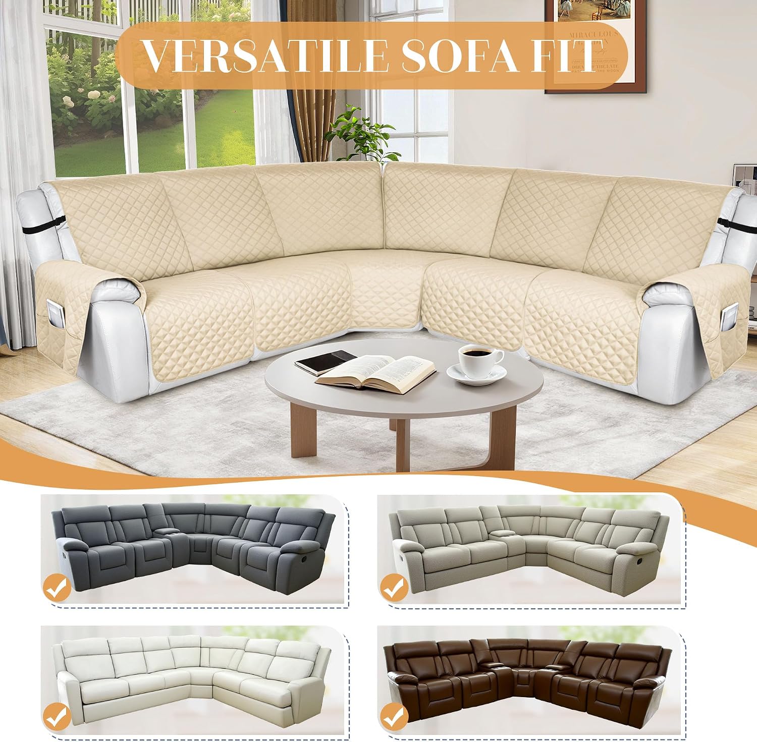 HDCAXKJ 100% Waterproof Reclining Sectional Couch Covers L Shape Recliner Sofa Cover Washable Quilted Soft Pet Dog Corner Recliner Slipcovers with Pockets (XXL 5 Seat Recliner Couch, Light Beige)