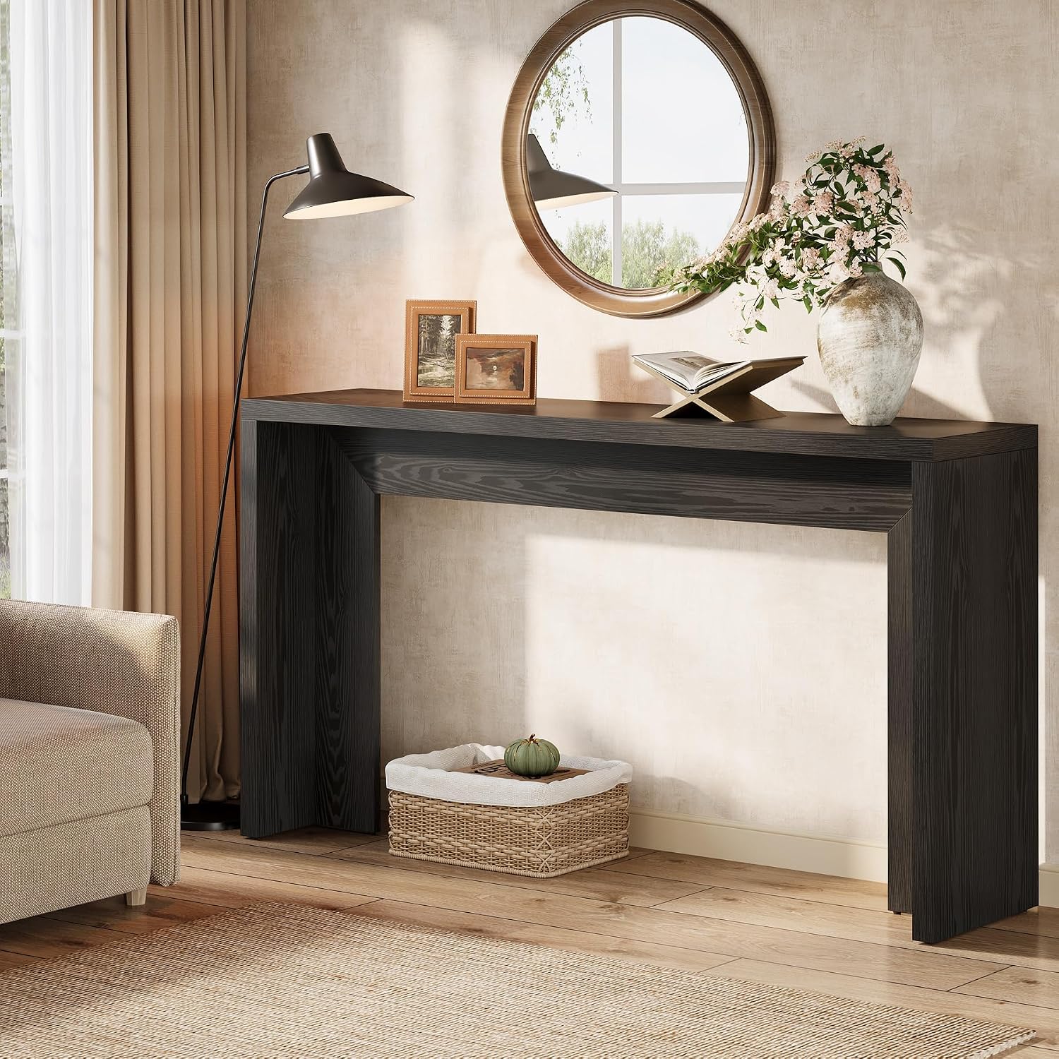 Tribesigns Farmhouse Console Table, 55-Inch Wooden Sofa Table with Storage for Entryway, Foyer, Hallway, Living Room, Easy Assembly (Black)