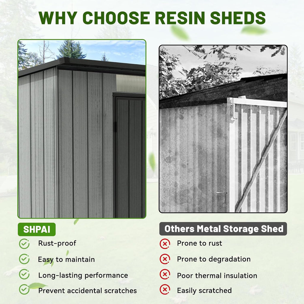 6x11 FT Outdoor Resin Storage Shed with Mats, All-Weather Sloping Plastic Storage Sheds with Lockable Doors & Vents, Outside Tool Storage Shed for Backyard, Garden, Mower, Bike & Pool Equipment
