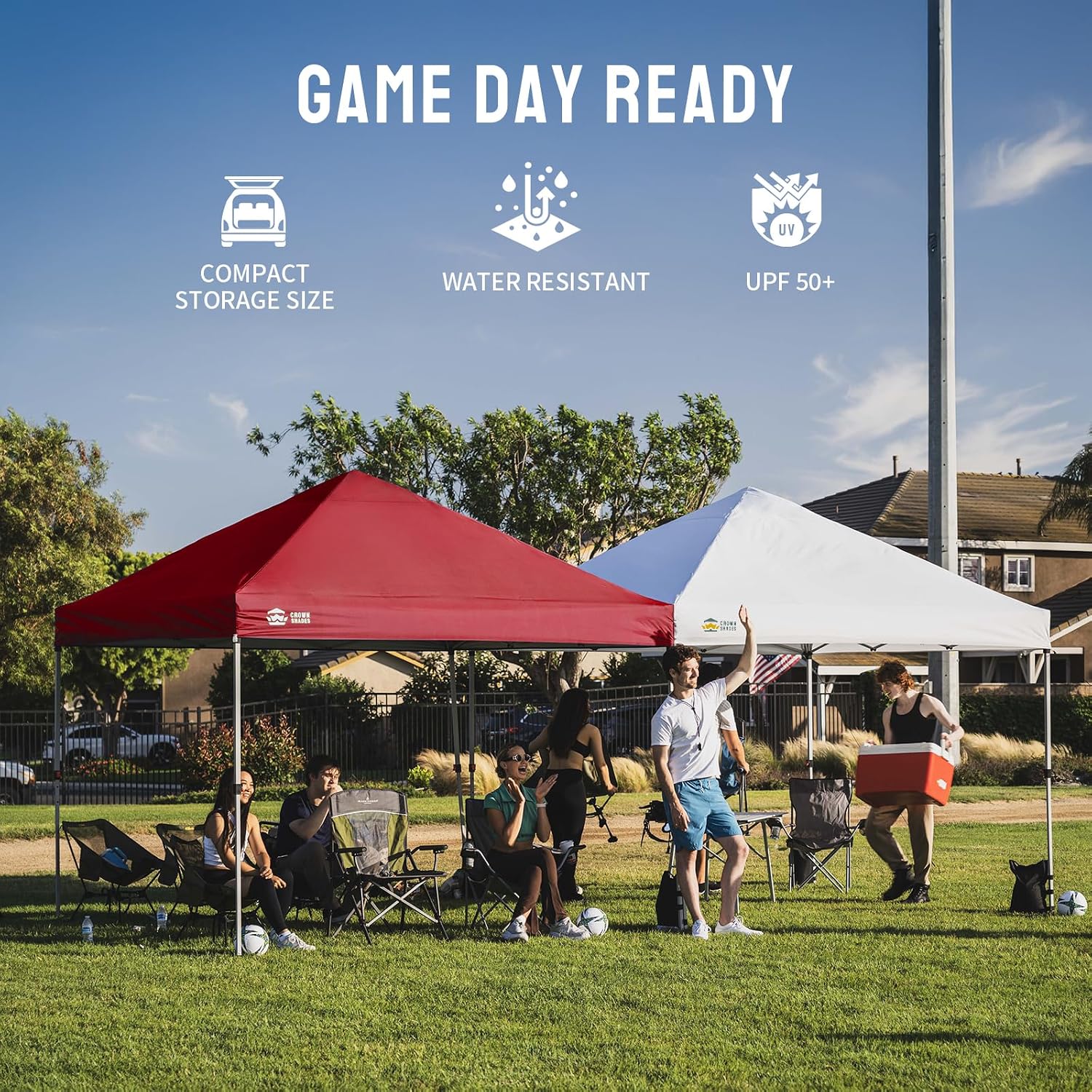 CROWN SHADES 8x8 Pop Up Canopy - Beach Tent with One Push Setup - Easy Outdoor Sun Shade for Events, Parties, Camping - Gazebo with STO-N-Go Cover Bag, Silver Coated Top, Red