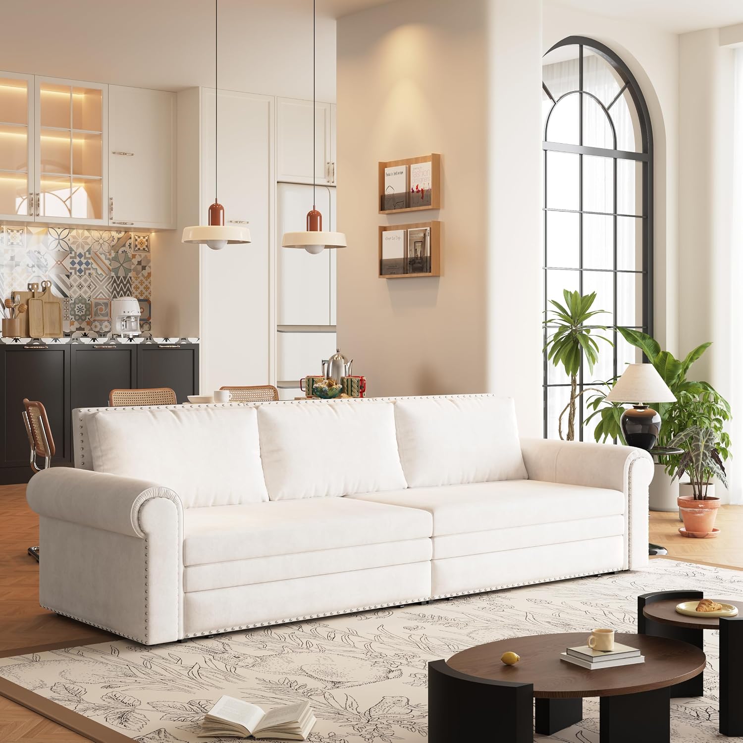 King Size 93.7' Pull Out 3 Seat Sofa with 2 Pillows, 3-in-1 Velvet Fabric Convertible Sleeper Sofa Bed, Fold Couch for Living Room, Office and Small Space, Beige