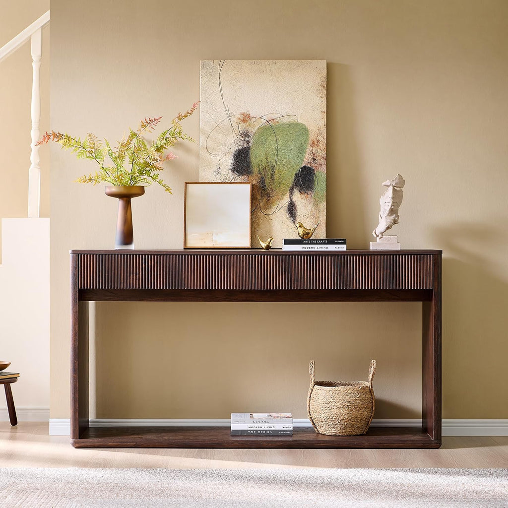 OKD 63' Fluted Console Table for Entryway, Modern Entryway Table with 2 Large Drawers, Long Sofa Table Behind Couch for Living Room, Hallway, Couch, Foyer，Dark Walnut