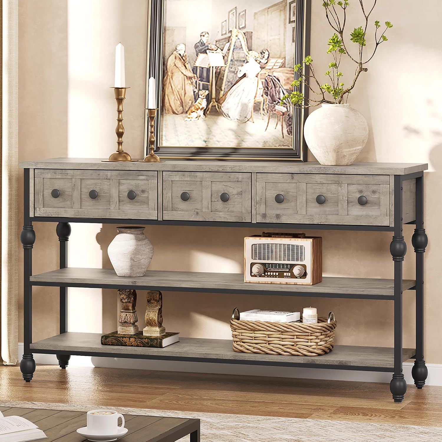 GarveeHome 52' Console Table, Entryway Table with 3 Storage Drawers, 3 Tier Industrial Metal Sofa Table, Behind Couch Table, Hallway Table for Entry, Living Room (Grey)