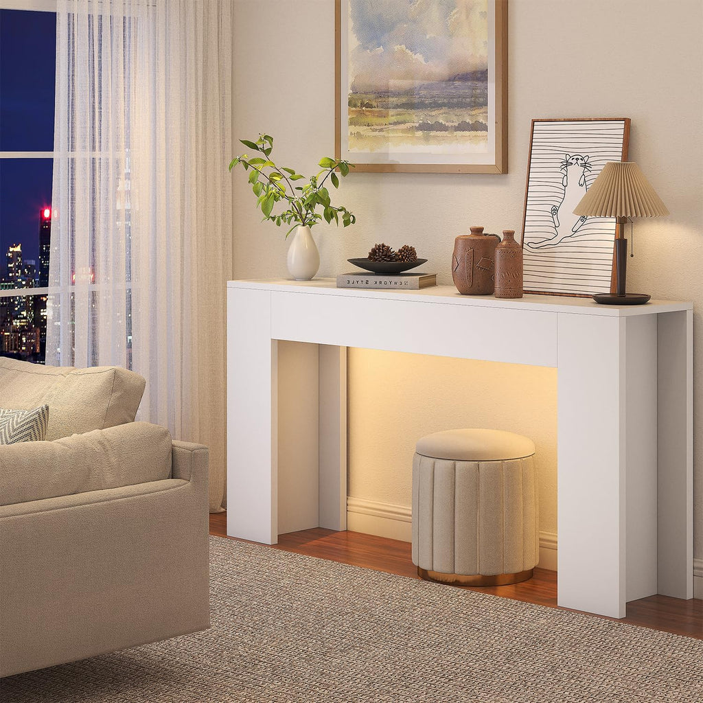 knoworld 63-Inch Long Console Table with LED Light, Farmhouse Sofa Table Behind Couch, Wooden Console Table for Entryway Hallway Entrance Living Room, White