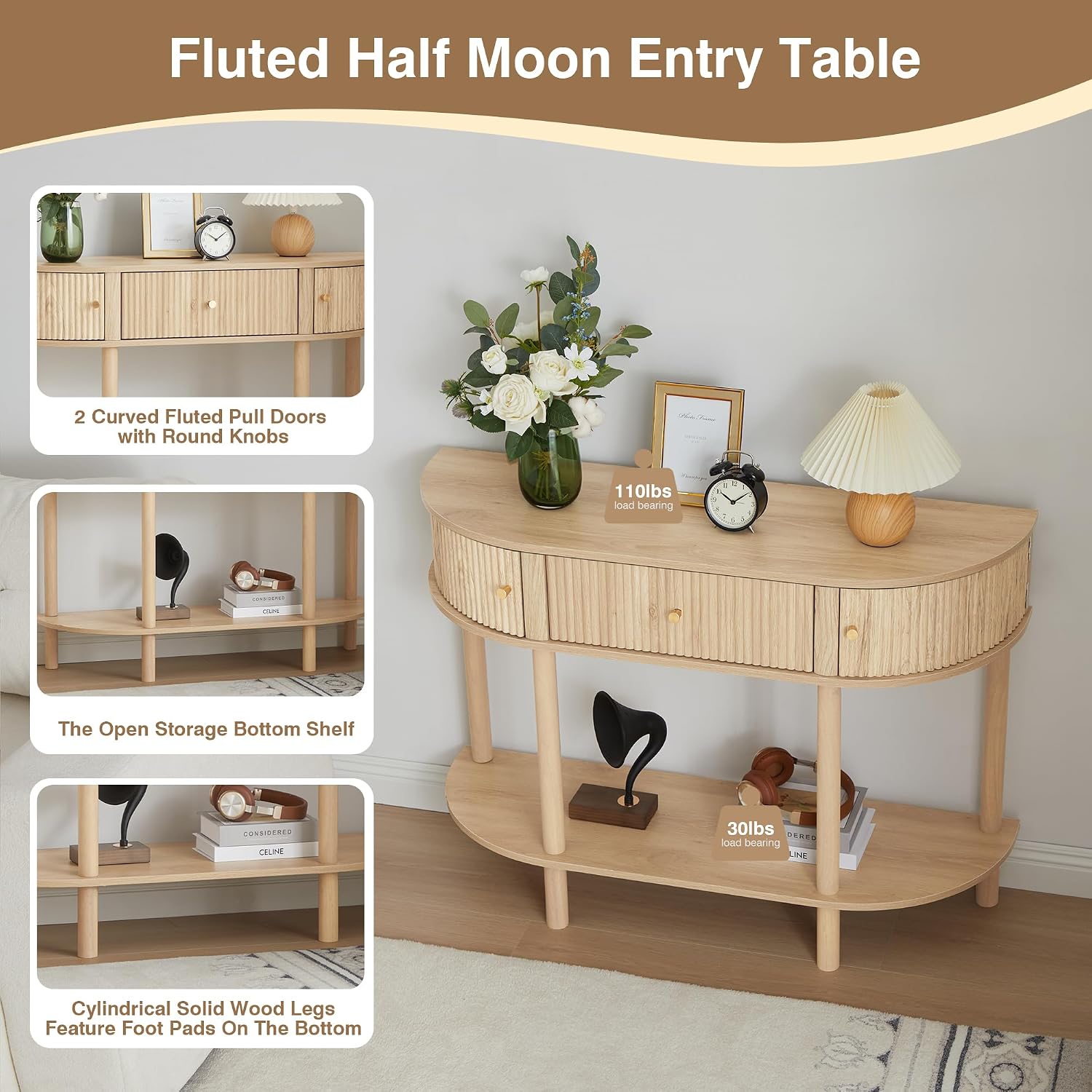 XUZENEST 43.3' Fluted Half Moon Console Table, Modern Entryway Console Sofa Table with Storage, Narrow Wood Accent Tables Behind Couch Tables for Living Room, Hallway, Foyer(Natural)