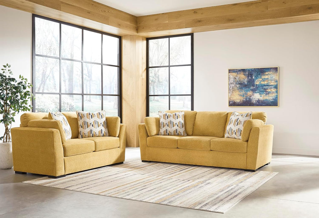 Signature Design by Ashley Keerwick Scandinavian 2-in-1 Sofa Sleeper with Folding Gel Memory Foam Mattress and 4 Pillows, Queen, Yellow