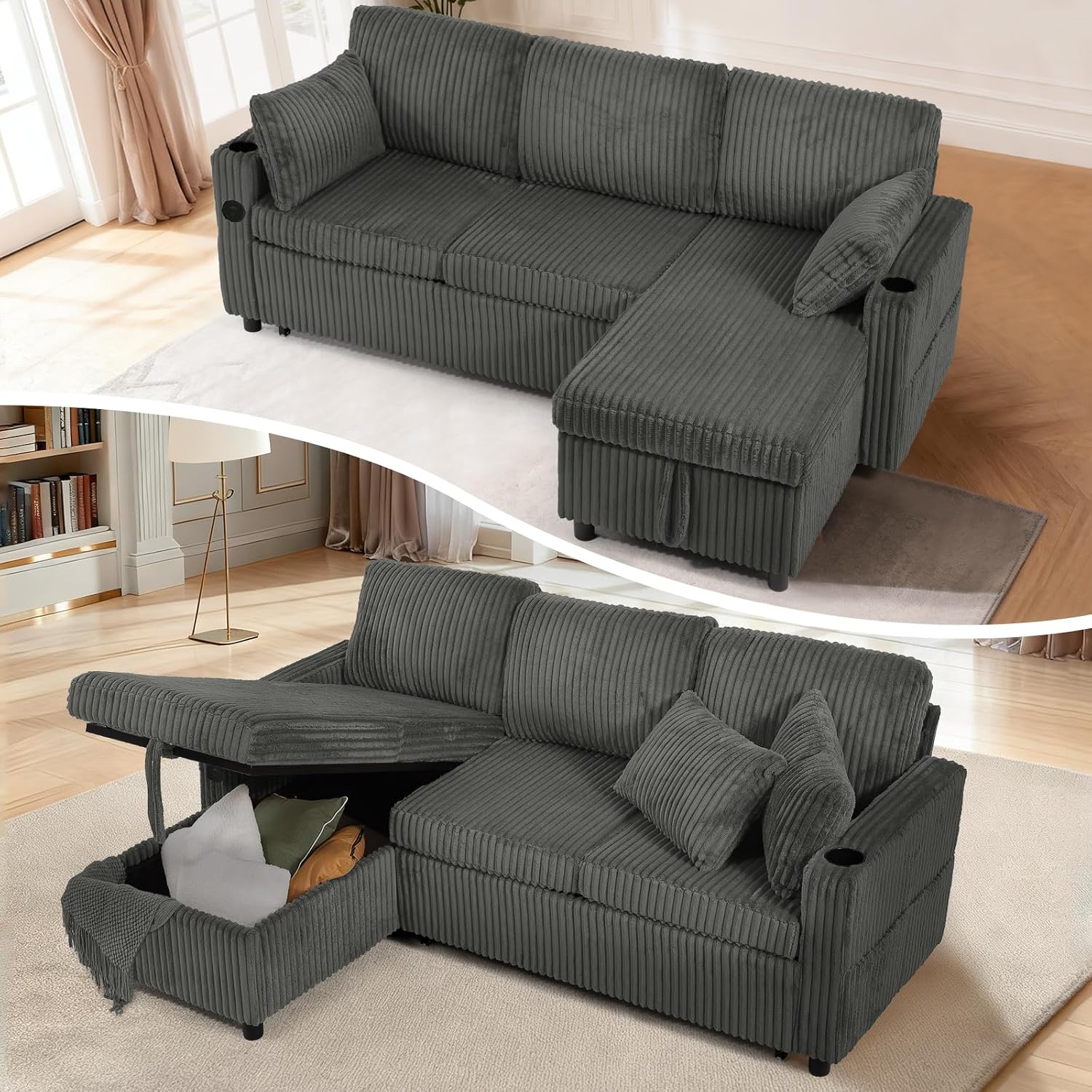 84' Corduroy Pull Out Sofa Bed w/Adjustable Backrests, Sectional L-Shape Sleeper Sofa w/Storage Chaise, Convertible Couch Bed w/USB Charging Port & Cup Holders for Living Room, House, Grey
