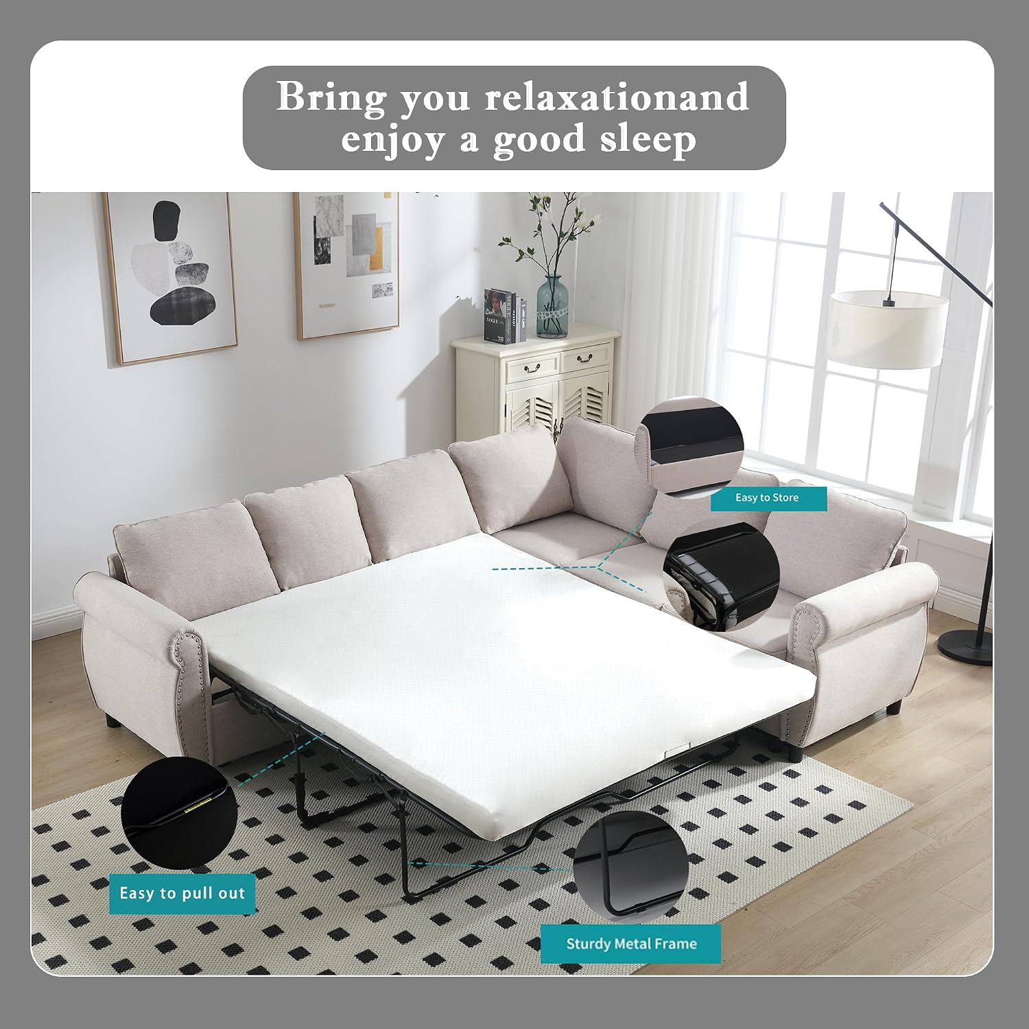 104'' Sleeper Sofa Bed Queen, L Shaped Sectional Sofa with Pull Out Couch Bed, Queen Size 6 Seater Couch with Memory Foam Mattress, Sectional Couches for Living Room Furniture Set, Beige