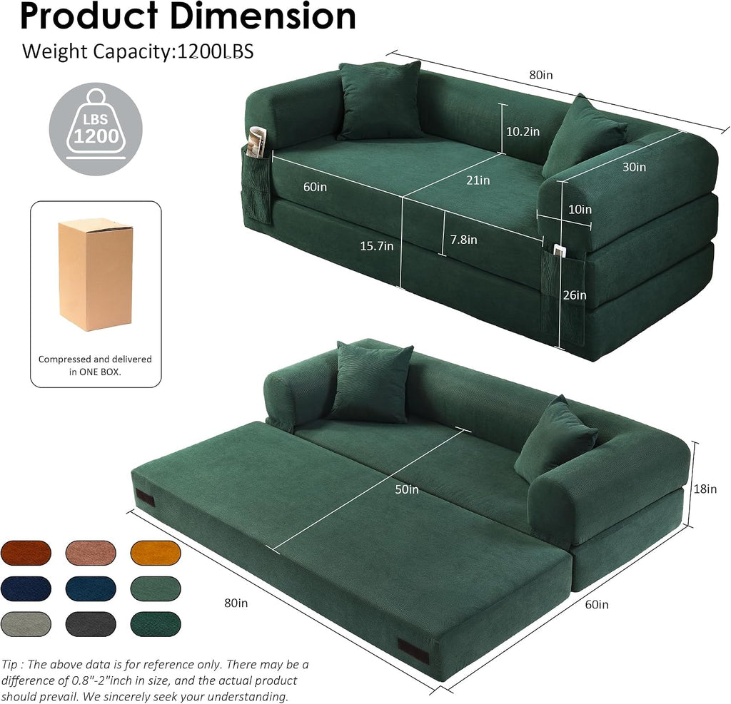 80' Convertible Sofa Bed, 3-in-1 Corduroy Folding Pull Out Couch with Pillows, No Assembly Modern Boneless Couch Compression Sofa in Box, Floor Sofa with Side Storage Pocket for Living Room,Dark Green