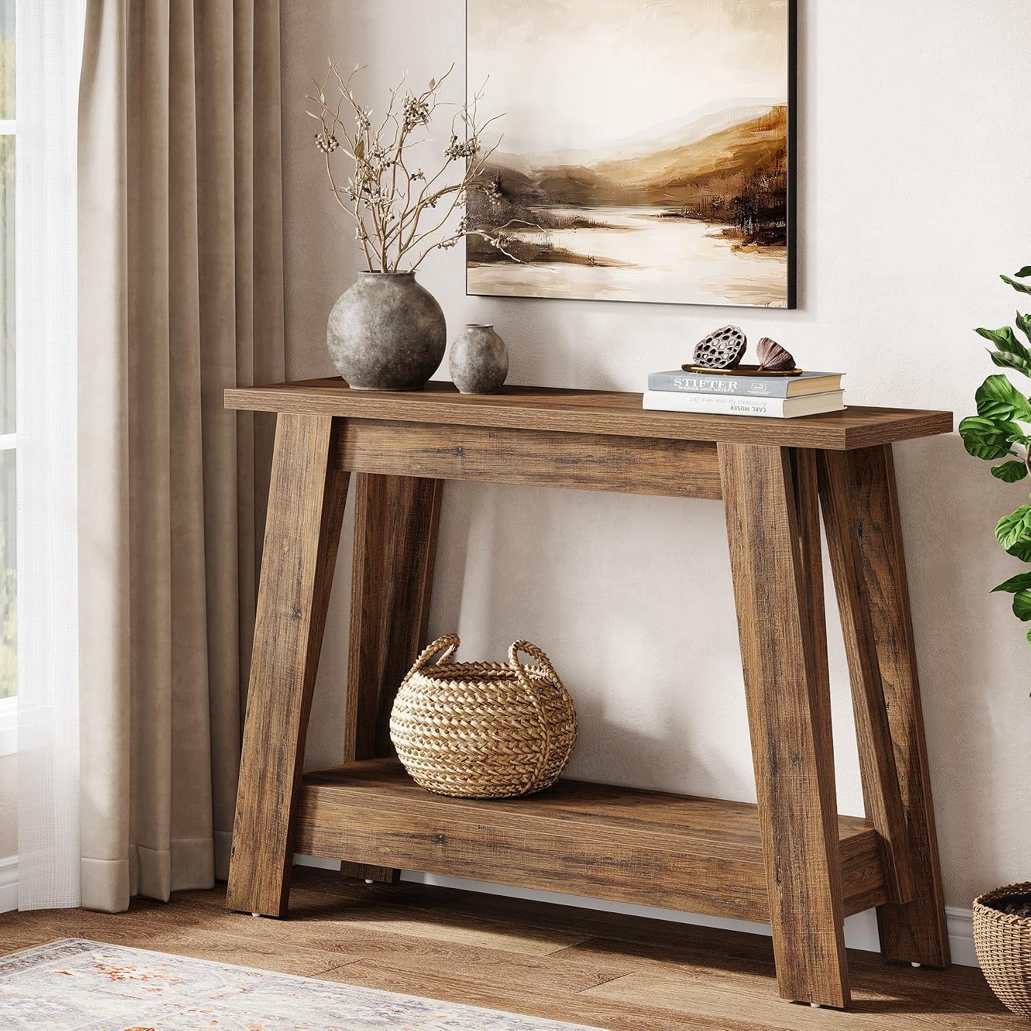 Tribesigns 41.3' Farmhouse Console Table, 2-Tier Wooden Entryway Table with Storage, Rustic Narrow Behind Couch for Living Room, Hallway, Foyer, Rustic Brown